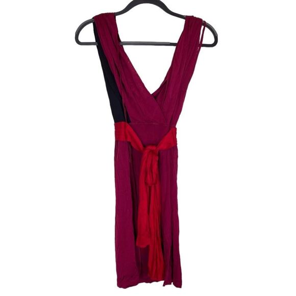 TED BAKER Magenta Pink Dress Red Sash Black Mesh Size 0 V Neck - Picture 2 of 7